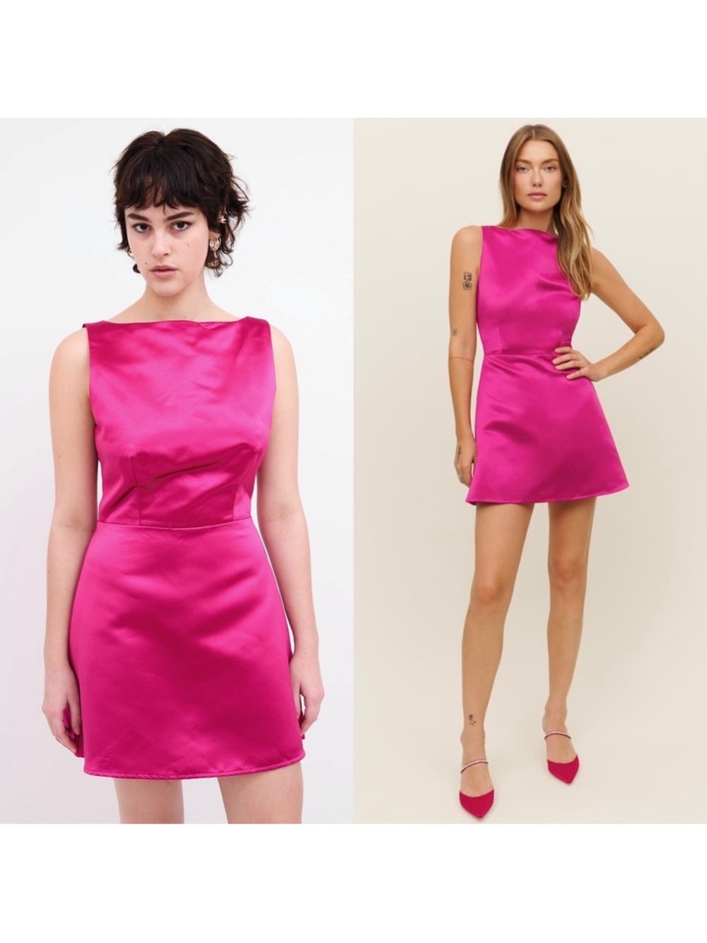 NEW REFORMATION Fuchsia Deadstock Satin Boatneck Sleeveless A-Line Zenni Dress 6